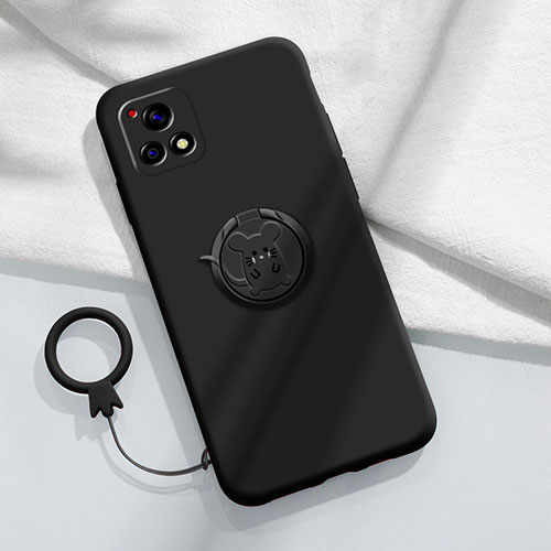 Ultra-thin Silicone Gel Soft Case Cover with Magnetic Finger Ring Stand S01 for Vivo Y31s 5G Black