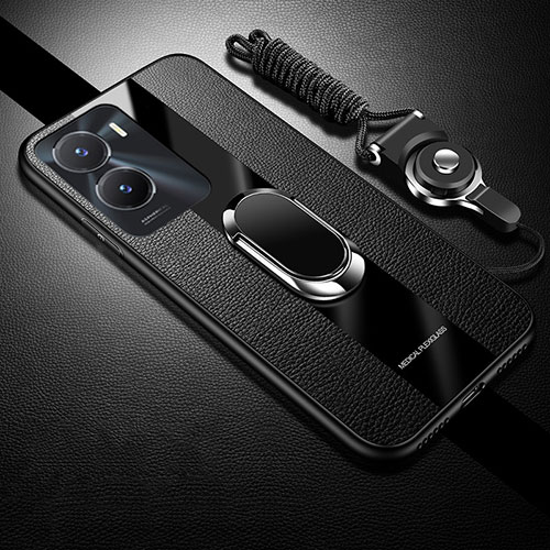 Ultra-thin Silicone Gel Soft Case Cover with Magnetic Finger Ring Stand S01 for Vivo Y35 5G Black