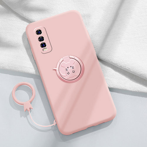 Ultra-thin Silicone Gel Soft Case Cover with Magnetic Finger Ring Stand S01 for Vivo Y50t Pink