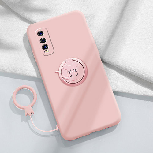 Ultra-thin Silicone Gel Soft Case Cover with Magnetic Finger Ring Stand S01 for Vivo Y51s 5G Pink