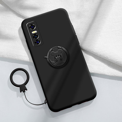 Ultra-thin Silicone Gel Soft Case Cover with Magnetic Finger Ring Stand S01 for Vivo Y73s 5G Black