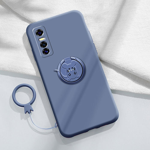 Ultra-thin Silicone Gel Soft Case Cover with Magnetic Finger Ring Stand S01 for Vivo Y73s 5G Lavender Gray