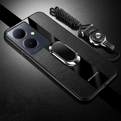 Ultra-thin Silicone Gel Soft Case Cover with Magnetic Finger Ring Stand S01 for Vivo Y78 Plus 5G Black