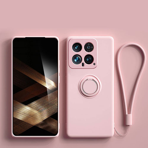 Ultra-thin Silicone Gel Soft Case Cover with Magnetic Finger Ring Stand S01 for Xiaomi Mi 14 Pro 5G Pink