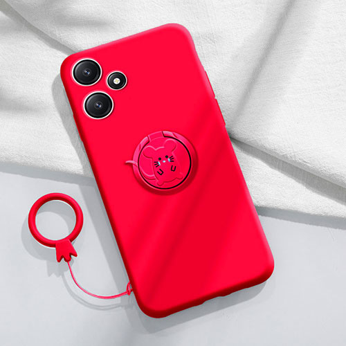 Ultra-thin Silicone Gel Soft Case Cover with Magnetic Finger Ring Stand S01 for Xiaomi Poco M6 Pro 5G Red