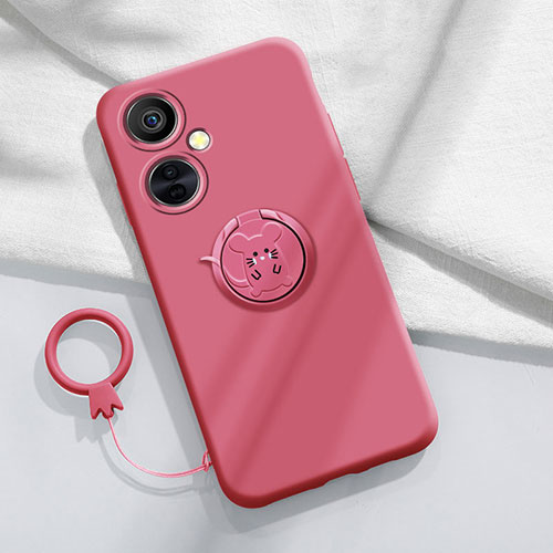 Ultra-thin Silicone Gel Soft Case Cover with Magnetic Finger Ring Stand S02 for OnePlus Nord CE 3 Lite 5G Hot Pink