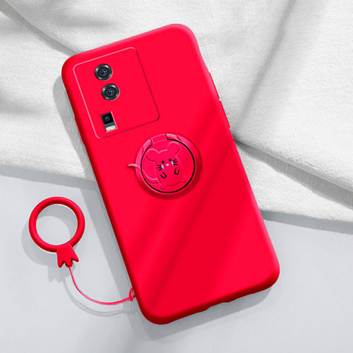 Ultra-thin Silicone Gel Soft Case Cover with Magnetic Finger Ring Stand S02 for Vivo iQOO Neo7 SE Red