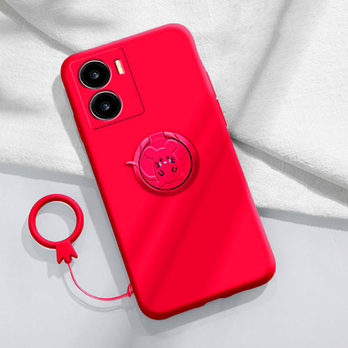 Ultra-thin Silicone Gel Soft Case Cover with Magnetic Finger Ring Stand S02 for Vivo iQOO Z7x 5G Red