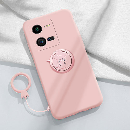 Ultra-thin Silicone Gel Soft Case Cover with Magnetic Finger Ring Stand S02 for Vivo V25e Pink