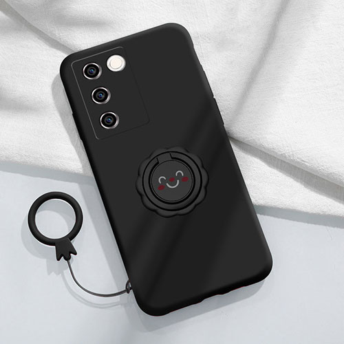 Ultra-thin Silicone Gel Soft Case Cover with Magnetic Finger Ring Stand S02 for Vivo V27 5G Black