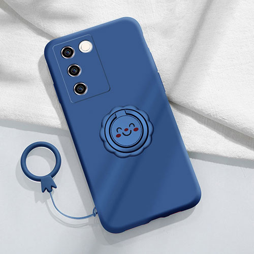 Ultra-thin Silicone Gel Soft Case Cover with Magnetic Finger Ring Stand S02 for Vivo V27 Pro 5G Blue