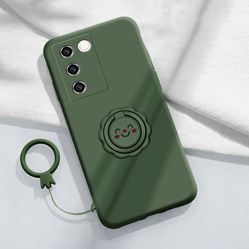 Ultra-thin Silicone Gel Soft Case Cover with Magnetic Finger Ring Stand S02 for Vivo V27e 5G Midnight Green