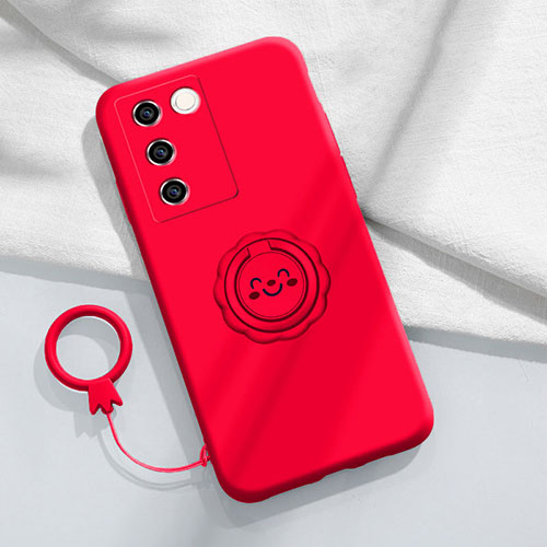Ultra-thin Silicone Gel Soft Case Cover with Magnetic Finger Ring Stand S02 for Vivo V27e 5G Red