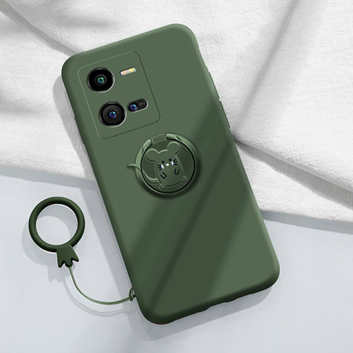Ultra-thin Silicone Gel Soft Case Cover with Magnetic Finger Ring Stand S02 for Vivo X80 Lite 5G Midnight Green