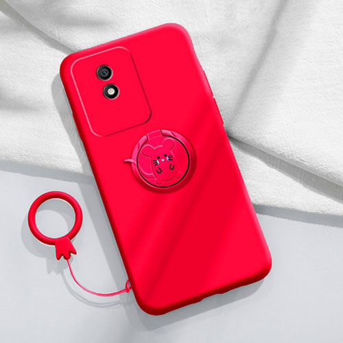 Ultra-thin Silicone Gel Soft Case Cover with Magnetic Finger Ring Stand S02 for Vivo Y11 (2023) Red