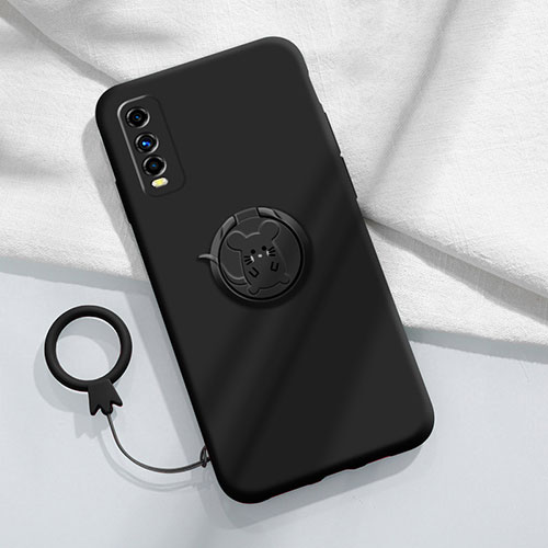 Ultra-thin Silicone Gel Soft Case Cover with Magnetic Finger Ring Stand S02 for Vivo Y70S 5G Black