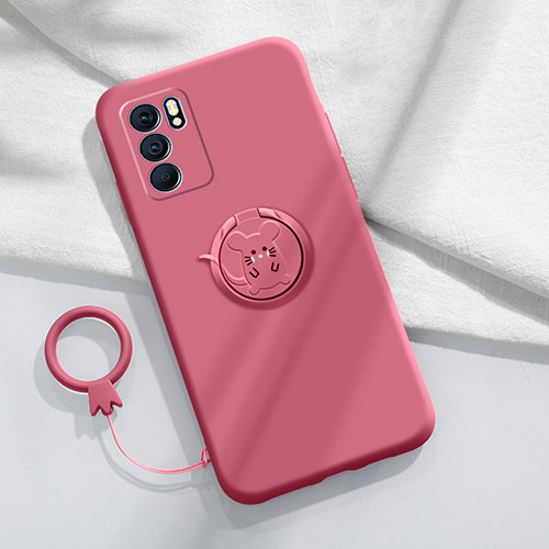 Ultra-thin Silicone Gel Soft Case Cover with Magnetic Finger Ring Stand S03 for Oppo Reno6 5G Hot Pink
