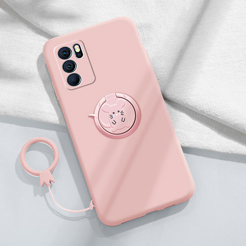 Ultra-thin Silicone Gel Soft Case Cover with Magnetic Finger Ring Stand S03 for Oppo Reno6 Pro 5G India Pink