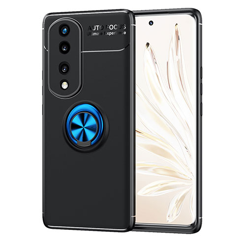 Ultra-thin Silicone Gel Soft Case Cover with Magnetic Finger Ring Stand SD1 for Huawei Honor 70 Pro+ Plus 5G Blue and Black