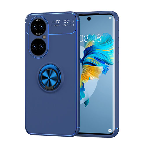 Ultra-thin Silicone Gel Soft Case Cover with Magnetic Finger Ring Stand SD1 for Huawei P50 Pro Blue