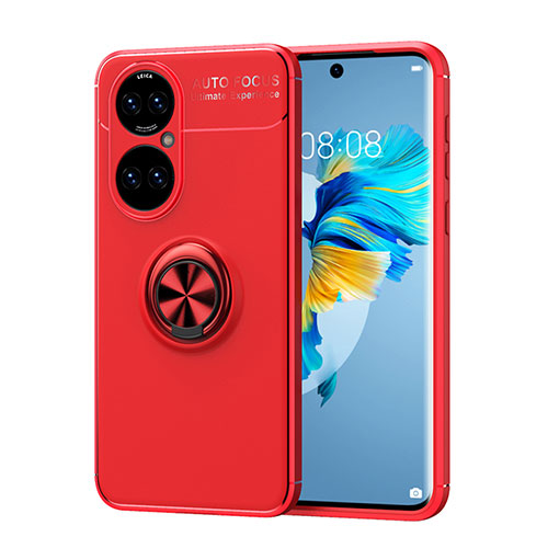 Ultra-thin Silicone Gel Soft Case Cover with Magnetic Finger Ring Stand SD1 for Huawei P50 Pro Red