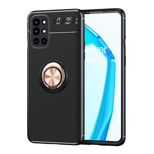 Ultra-thin Silicone Gel Soft Case Cover with Magnetic Finger Ring Stand SD1 for OnePlus 9R 5G Gold and Black