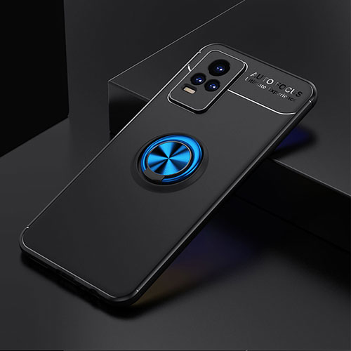 Ultra-thin Silicone Gel Soft Case Cover with Magnetic Finger Ring Stand SD1 for Vivo V21e 4G Blue and Black