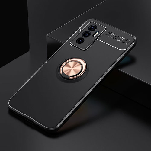 Ultra-thin Silicone Gel Soft Case Cover with Magnetic Finger Ring Stand SD1 for Vivo V23e 5G Gold and Black