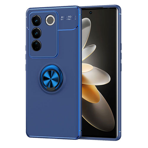 Ultra-thin Silicone Gel Soft Case Cover with Magnetic Finger Ring Stand SD1 for Vivo V27 5G Blue