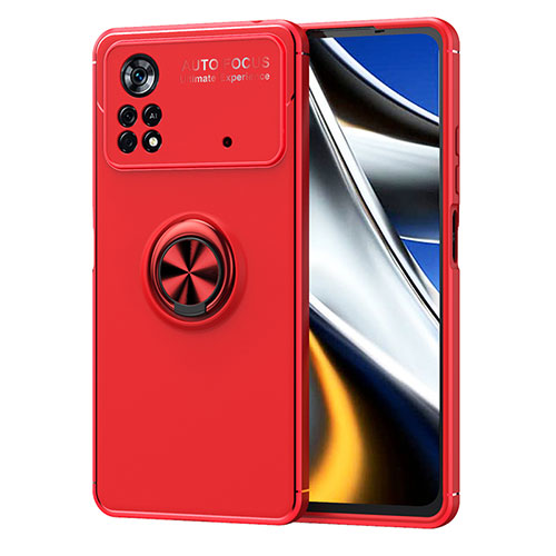 Ultra-thin Silicone Gel Soft Case Cover with Magnetic Finger Ring Stand SD1 for Xiaomi Poco M4 Pro 4G Red