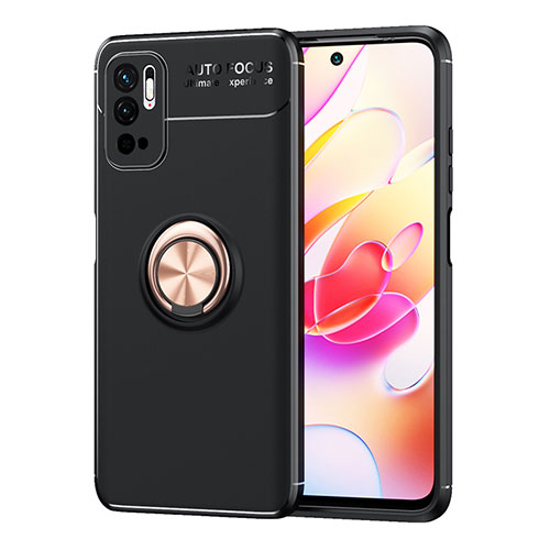 Ultra-thin Silicone Gel Soft Case Cover with Magnetic Finger Ring Stand SD1 for Xiaomi Redmi Note 10 5G Gold and Black