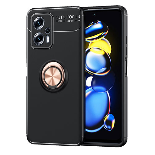 Ultra-thin Silicone Gel Soft Case Cover with Magnetic Finger Ring Stand SD1 for Xiaomi Redmi Note 11T Pro 5G Gold and Black