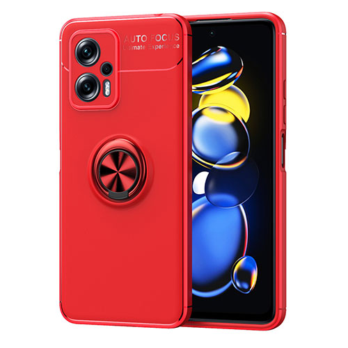 Ultra-thin Silicone Gel Soft Case Cover with Magnetic Finger Ring Stand SD1 for Xiaomi Redmi Note 11T Pro 5G Red