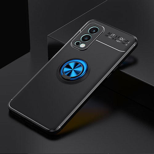 Ultra-thin Silicone Gel Soft Case Cover with Magnetic Finger Ring Stand SD2 for OnePlus Nord 2 5G Blue and Black