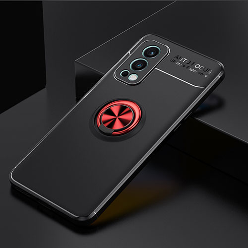 Ultra-thin Silicone Gel Soft Case Cover with Magnetic Finger Ring Stand SD2 for OnePlus Nord 2 5G Red and Black