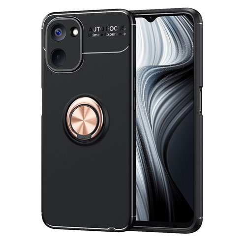 Ultra-thin Silicone Gel Soft Case Cover with Magnetic Finger Ring Stand SD2 for Realme V30t 5G Gold and Black