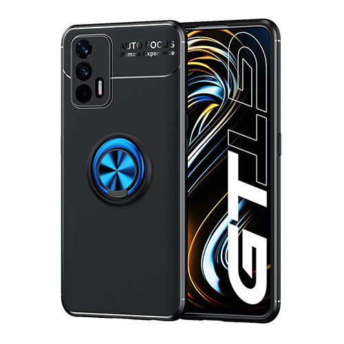 Ultra-thin Silicone Gel Soft Case Cover with Magnetic Finger Ring Stand SD2 for Realme X7 Max 5G Blue and Black