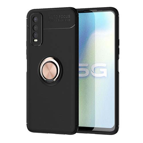 Ultra-thin Silicone Gel Soft Case Cover with Magnetic Finger Ring Stand SD2 for Vivo iQOO U1 Gold and Black