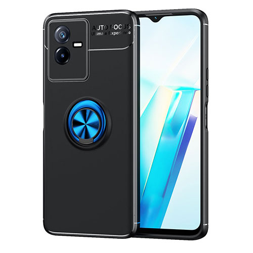 Ultra-thin Silicone Gel Soft Case Cover with Magnetic Finger Ring Stand SD2 for Vivo iQOO Z6x Blue and Black