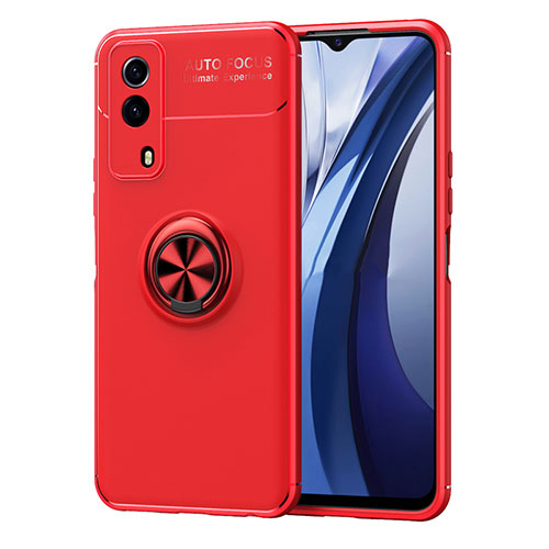 Ultra-thin Silicone Gel Soft Case Cover with Magnetic Finger Ring Stand SD2 for Vivo T1x 5G Red