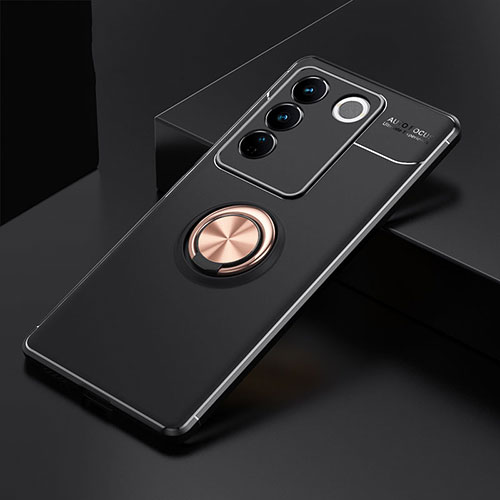 Ultra-thin Silicone Gel Soft Case Cover with Magnetic Finger Ring Stand SD2 for Vivo V27 5G Gold and Black