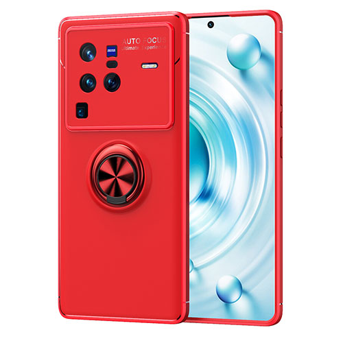 Ultra-thin Silicone Gel Soft Case Cover with Magnetic Finger Ring Stand SD2 for Vivo X80 Pro 5G Red