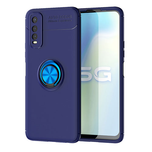 Ultra-thin Silicone Gel Soft Case Cover with Magnetic Finger Ring Stand SD2 for Vivo Y70S 5G Blue