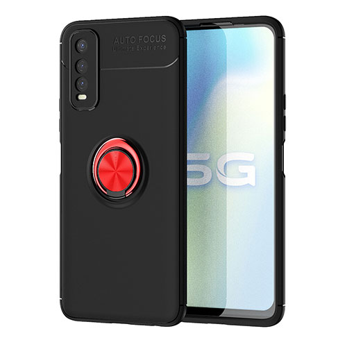 Ultra-thin Silicone Gel Soft Case Cover with Magnetic Finger Ring Stand SD2 for Vivo Y70S 5G Red and Black