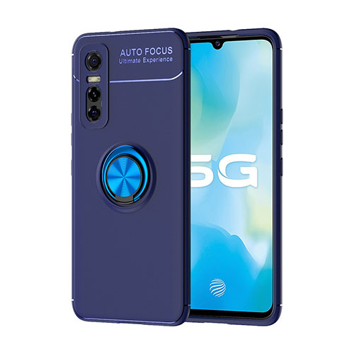 Ultra-thin Silicone Gel Soft Case Cover with Magnetic Finger Ring Stand SD2 for Vivo Y73s 5G Blue