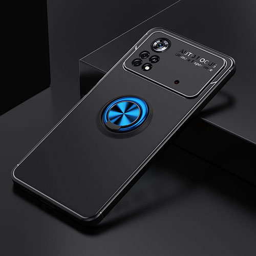 Ultra-thin Silicone Gel Soft Case Cover with Magnetic Finger Ring Stand SD2 for Xiaomi Poco M4 Pro 4G Blue and Black