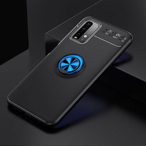 Ultra-thin Silicone Gel Soft Case Cover with Magnetic Finger Ring Stand SD2 for Xiaomi Redmi 9 Power Blue and Black