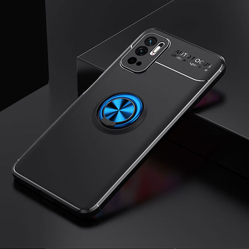 Ultra-thin Silicone Gel Soft Case Cover with Magnetic Finger Ring Stand SD2 for Xiaomi Redmi Note 10 5G Blue and Black