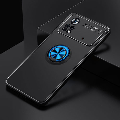 Ultra-thin Silicone Gel Soft Case Cover with Magnetic Finger Ring Stand SD2 for Xiaomi Redmi Note 11E Pro 5G Blue and Black
