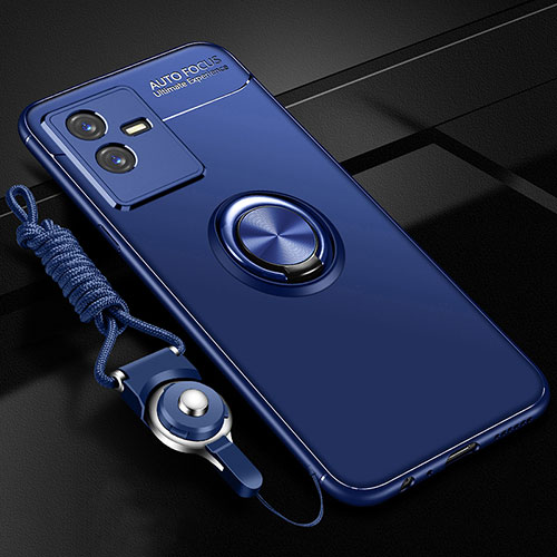 Ultra-thin Silicone Gel Soft Case Cover with Magnetic Finger Ring Stand SD3 for Vivo iQOO Z6x Blue